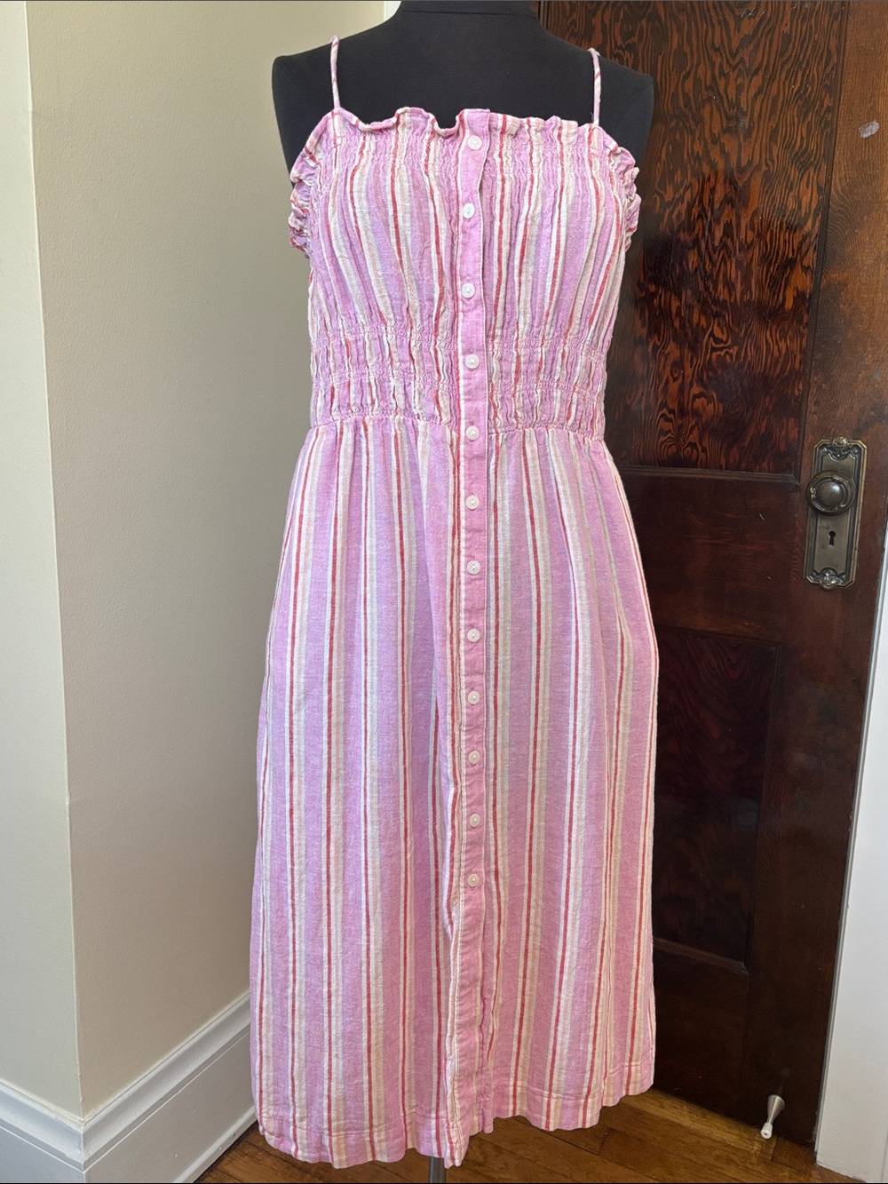 Universal Thread Women’s Pink Striped Button-Front Sundress Midi Smocked Ruffle